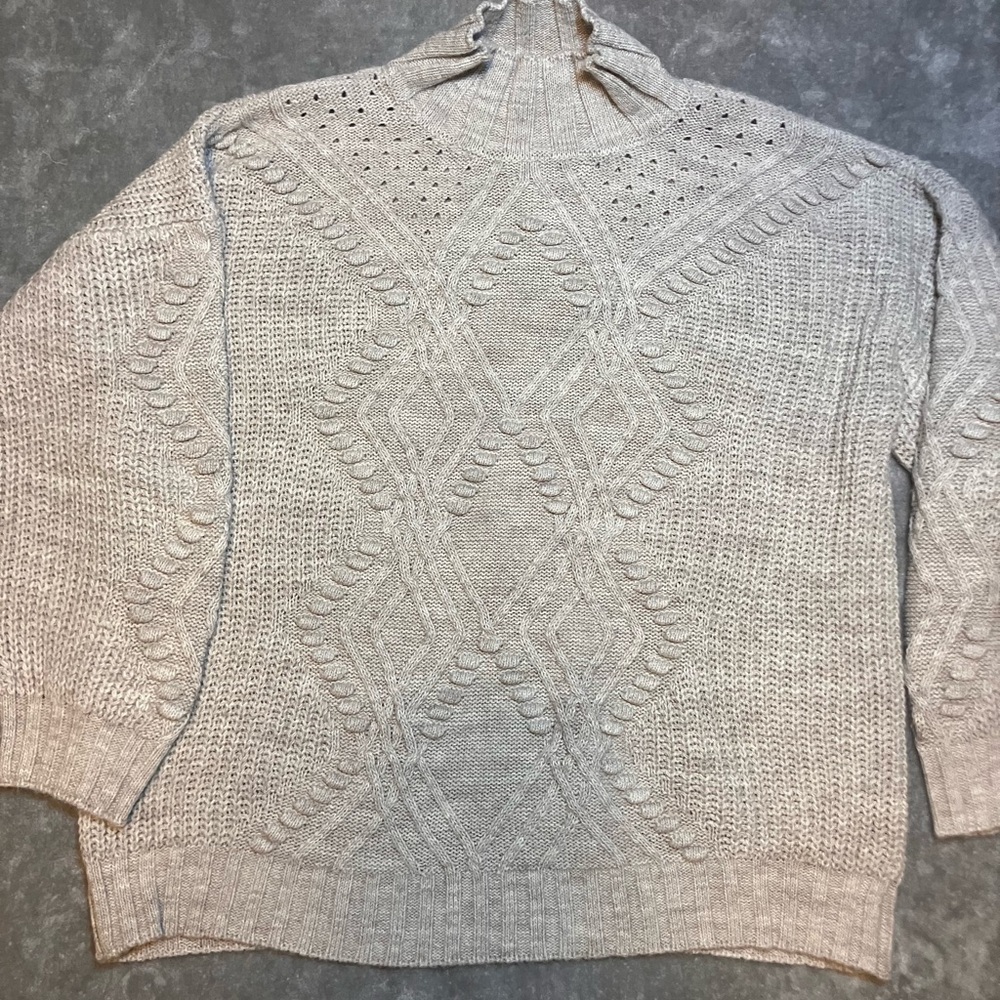Cozy Cable Knit Sweater‎ Mock Neck Gray Textured Diamond Pullover Milan Kiss L